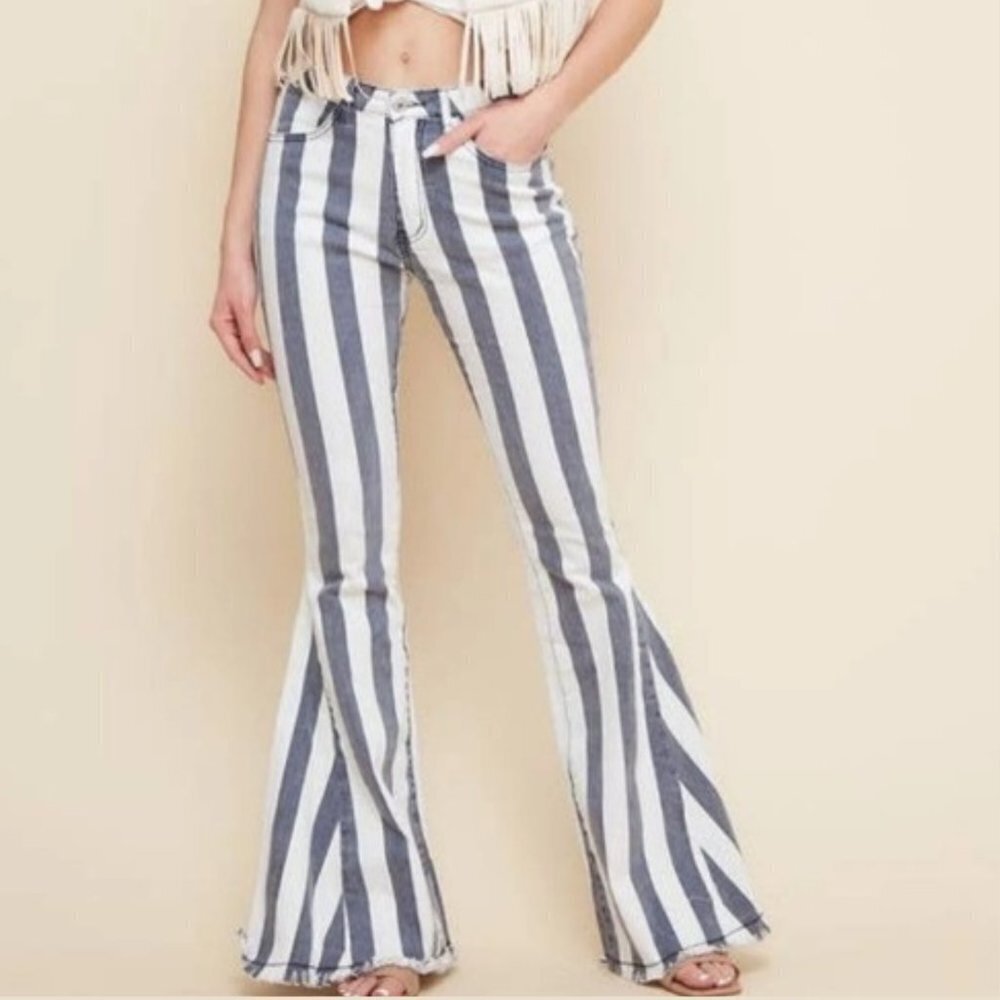 Bestto Women's Striped Flare Denim Pants